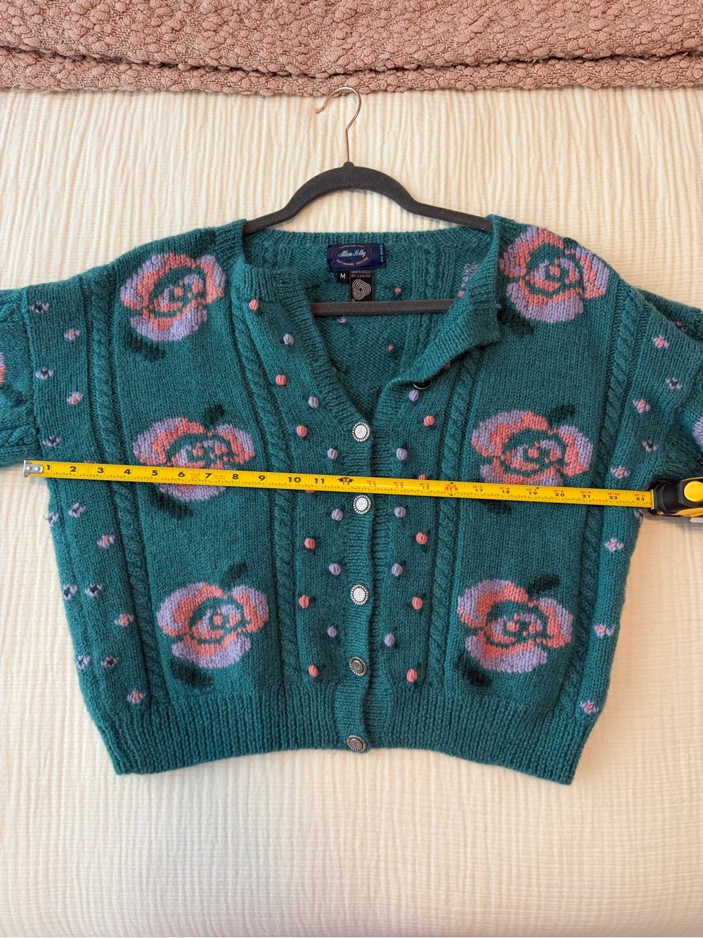 Vintage Allen Solly Teal Floral Knit Cardigan Sweater - Picture 4 of 8